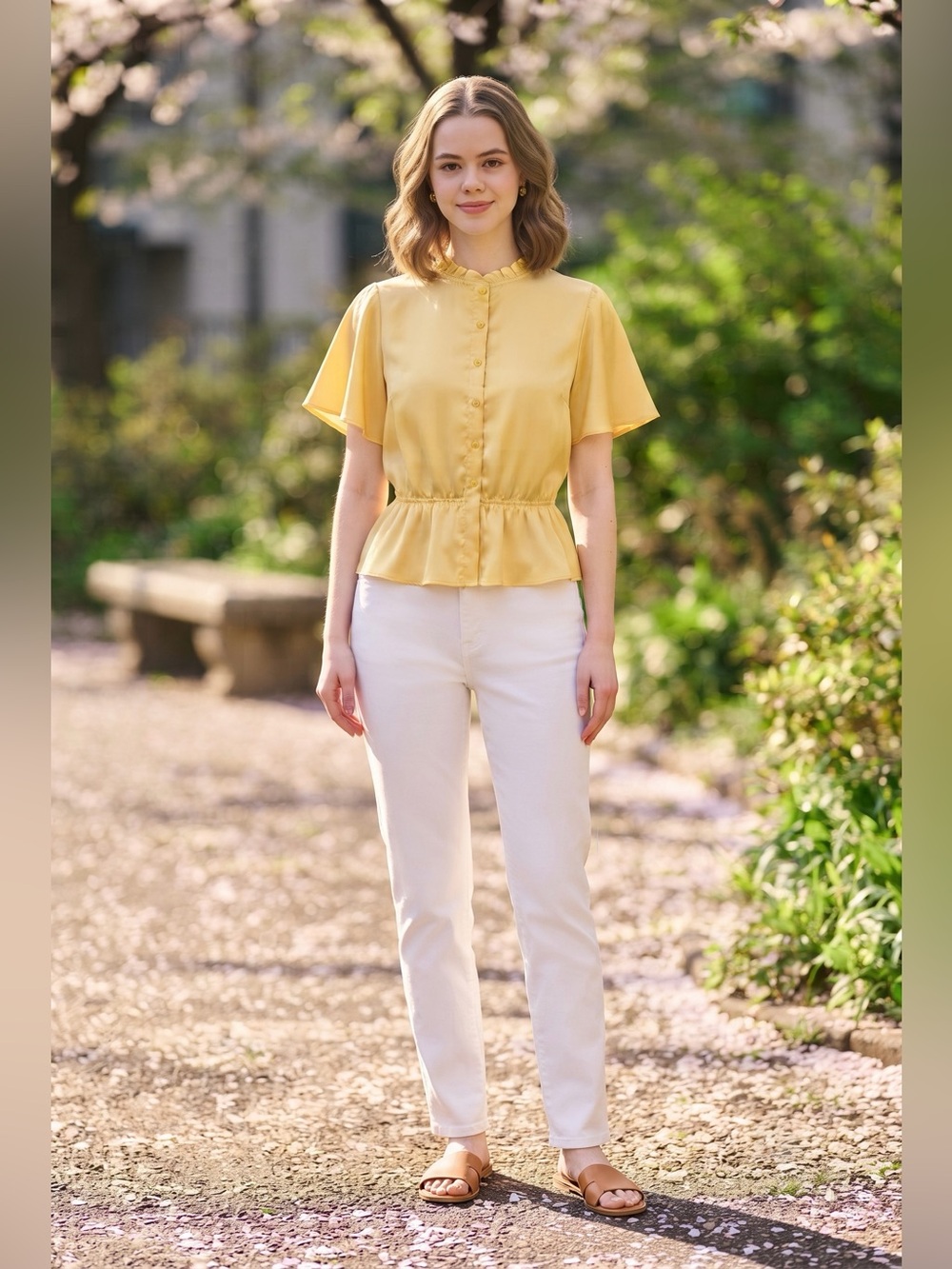 Yellow Short-Sleeve Ruffled Blouse